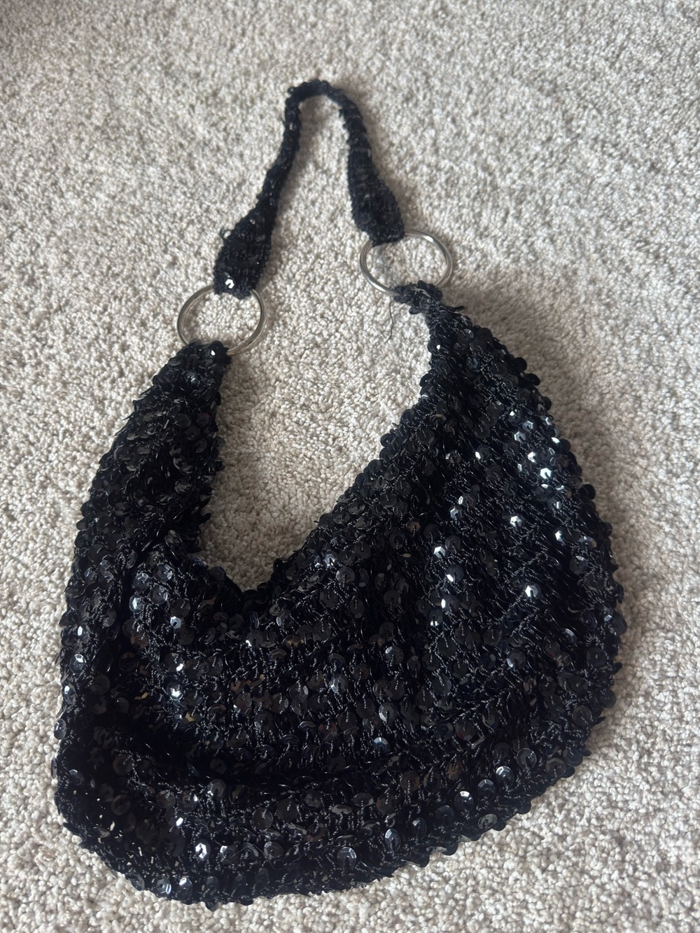Retro Vintage 90s Y2K Apt. 9 Black Sequin Hobo Shoulder Bag with Ring Accents